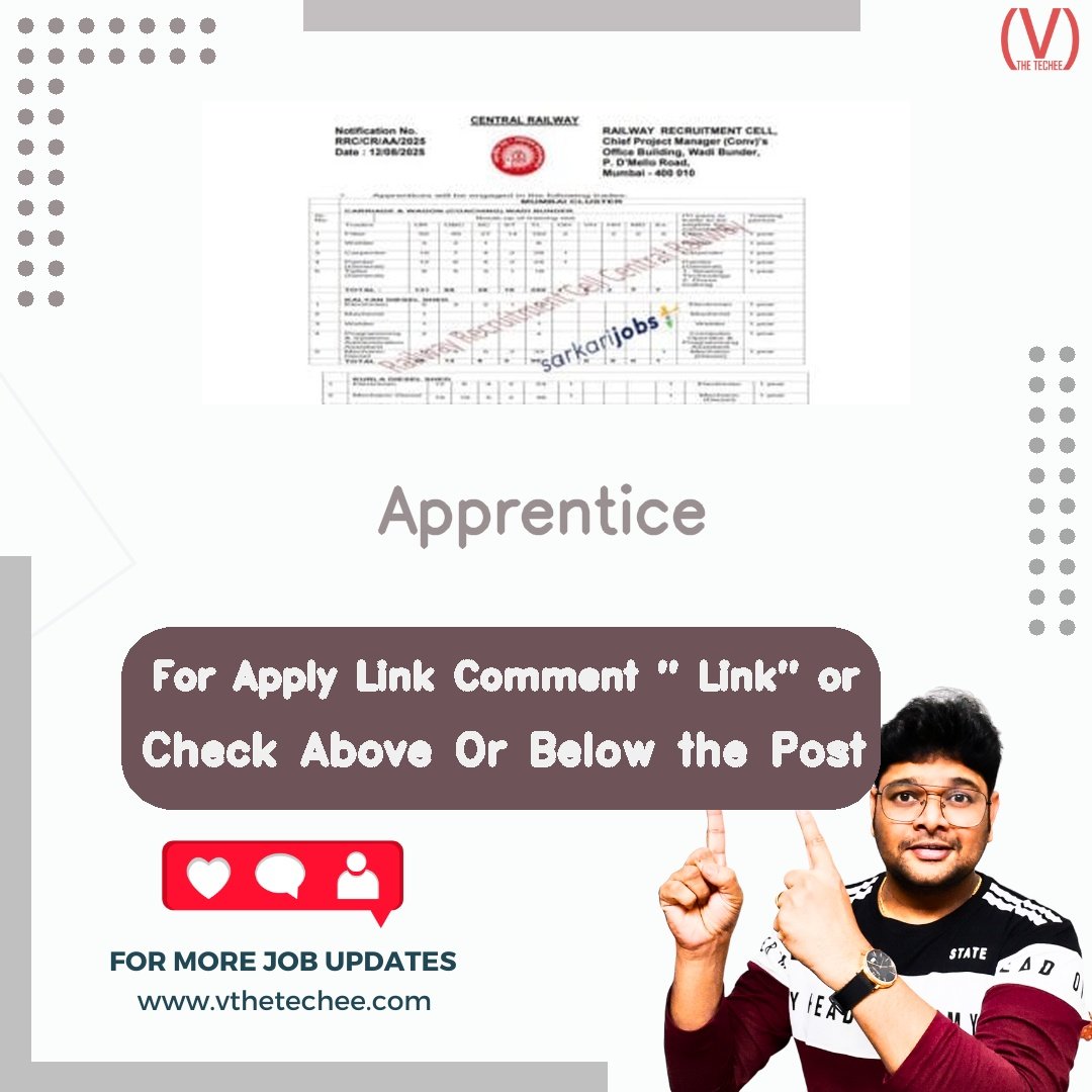 Railway Recruitment Cell, Central Railway (RRC/CR) hiring poster vthetecheejobs